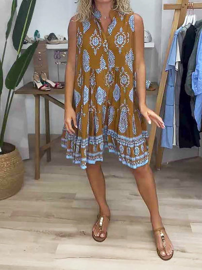 Women's Boho Print V-Neck Mini Dress with Sleeveless Design and Tiered Style