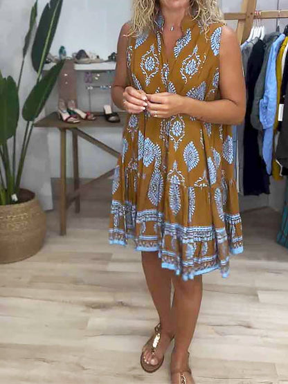 Women's Boho Print V-Neck Mini Dress with Sleeveless Design and Tiered Style