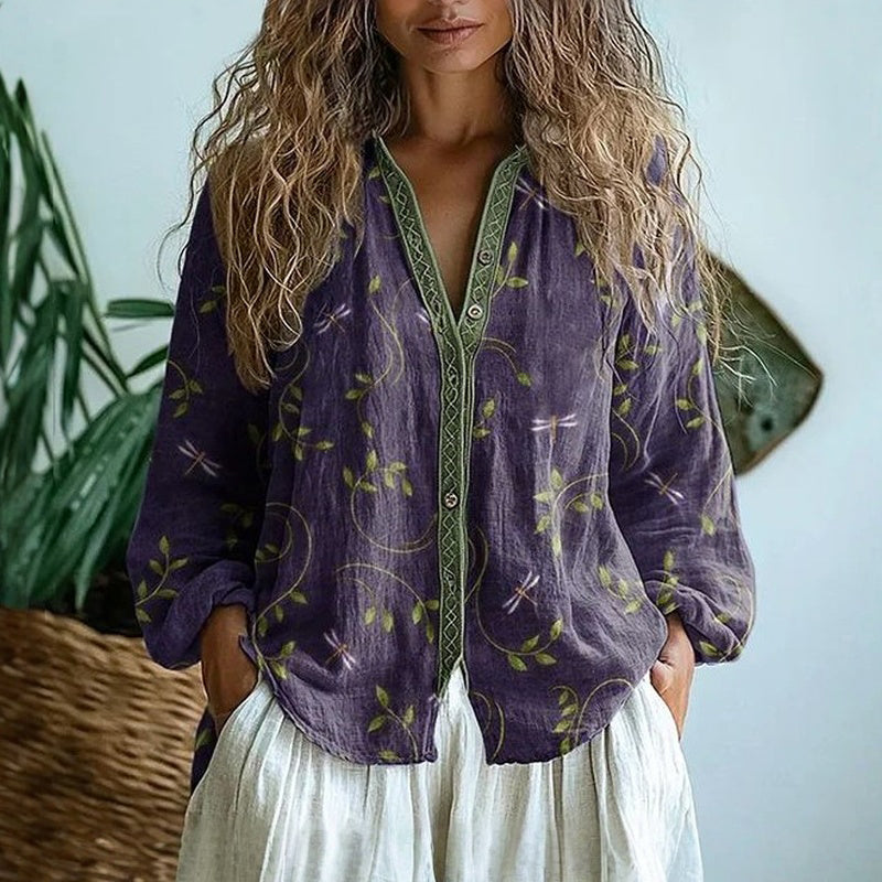 Women's Relaxed Blouse with Nature Print and Short Sleeves
