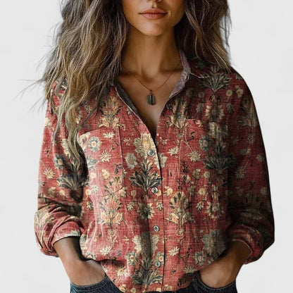 Women's Long Sleeve Button-Down Shirt with Floral Print and Autumn Colors