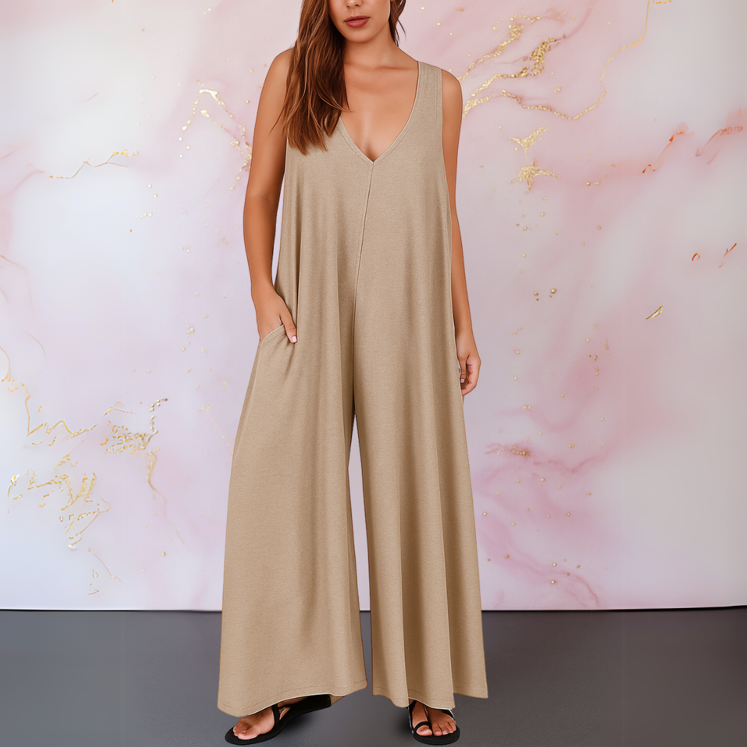 Women's V-Neck Sleeveless Jumpsuit with Wide Legs and Pockets