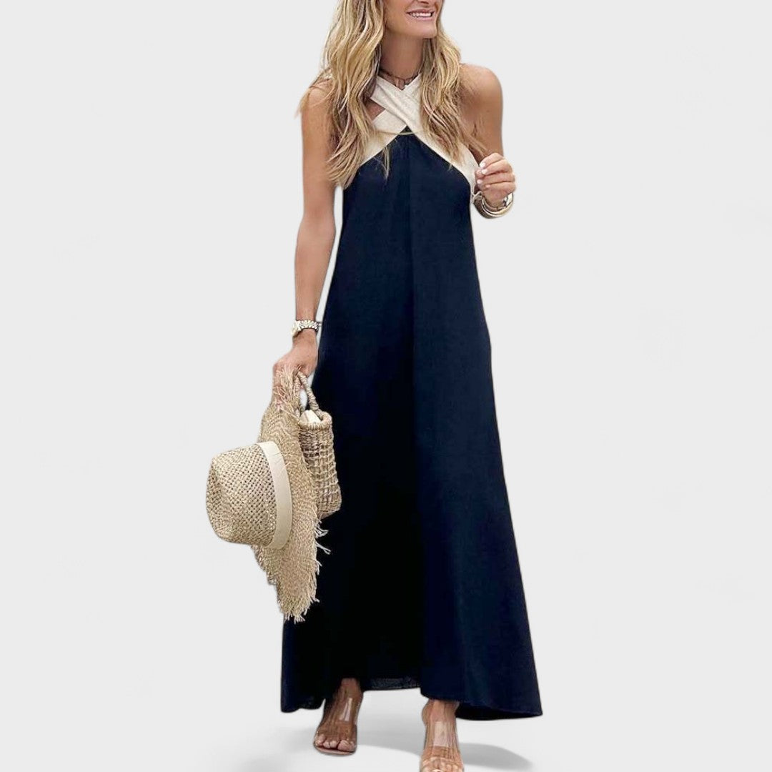 Women's Cross-Neck Maxi Dress with Flowing Design and Versatile Style