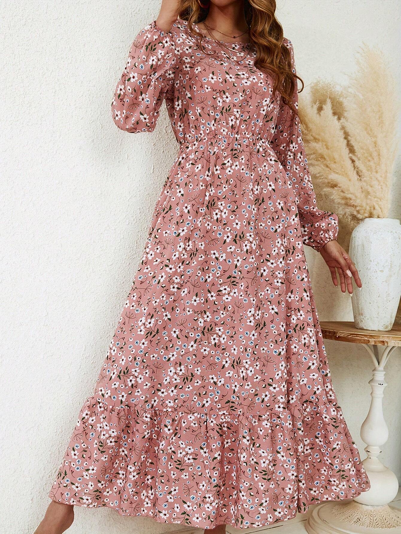 Women's Maxi Dress with Floral Print and Bishop Sleeves