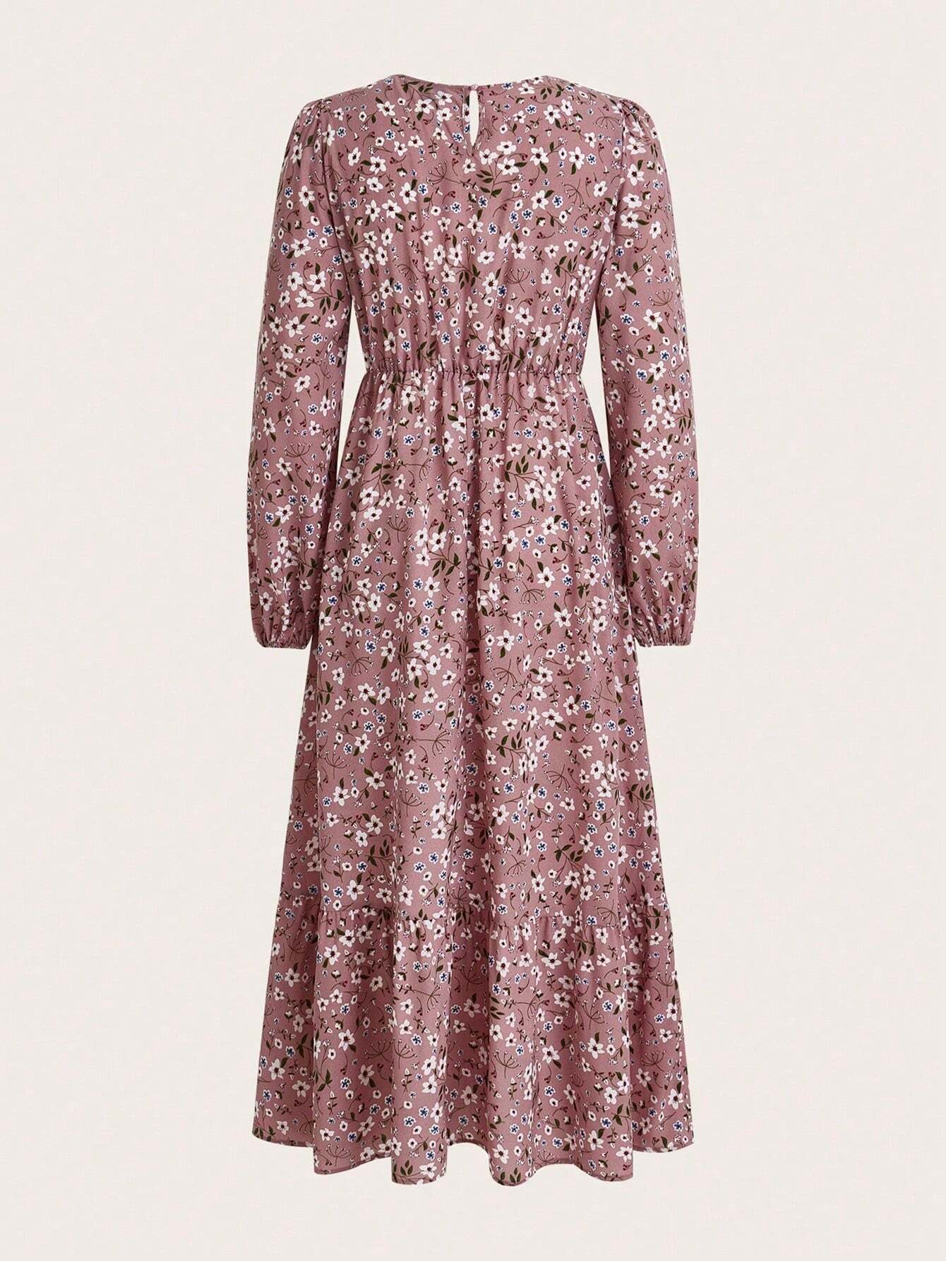 Enchanting Magnificently Smocked Midriff Floral Pattern Bishop Sleeves Maxi Dress
