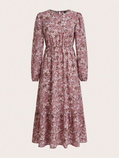 Enchanting Magnificently Smocked Midriff Floral Pattern Bishop Sleeves Maxi Dress
