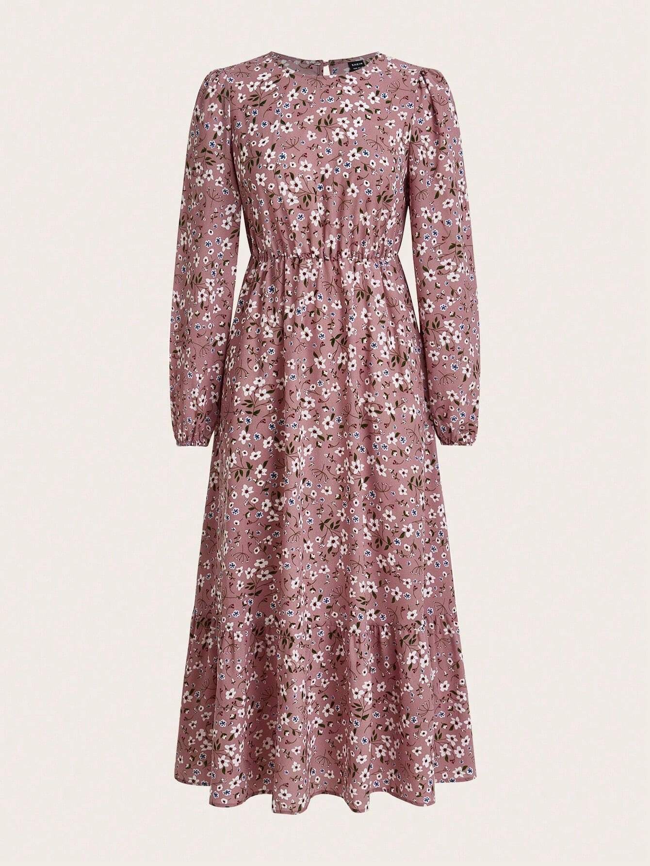 Enchanting Magnificently Smocked Midriff Floral Pattern Bishop Sleeves Maxi Dress