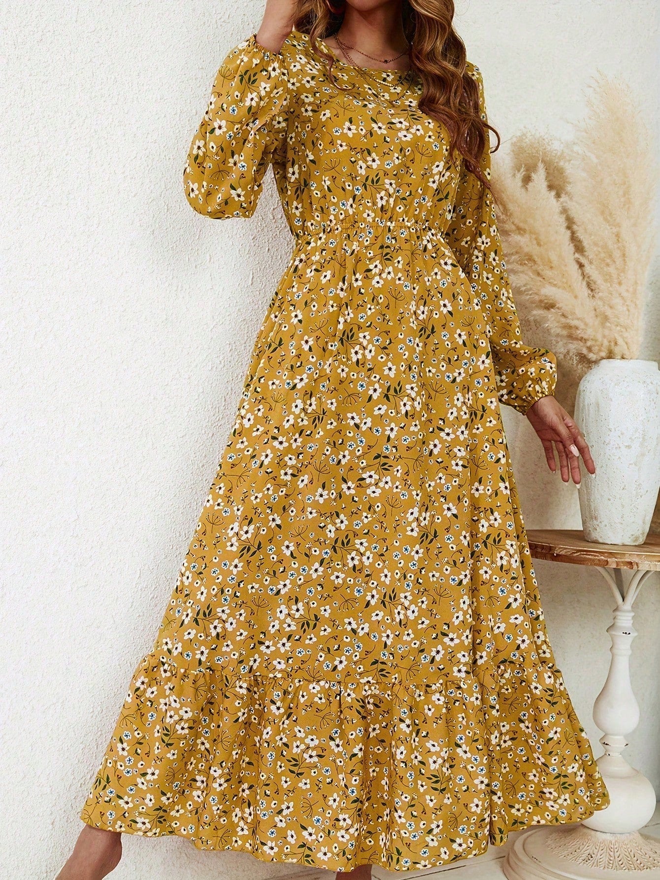 Women's Maxi Dress with Floral Print and Bishop Sleeves