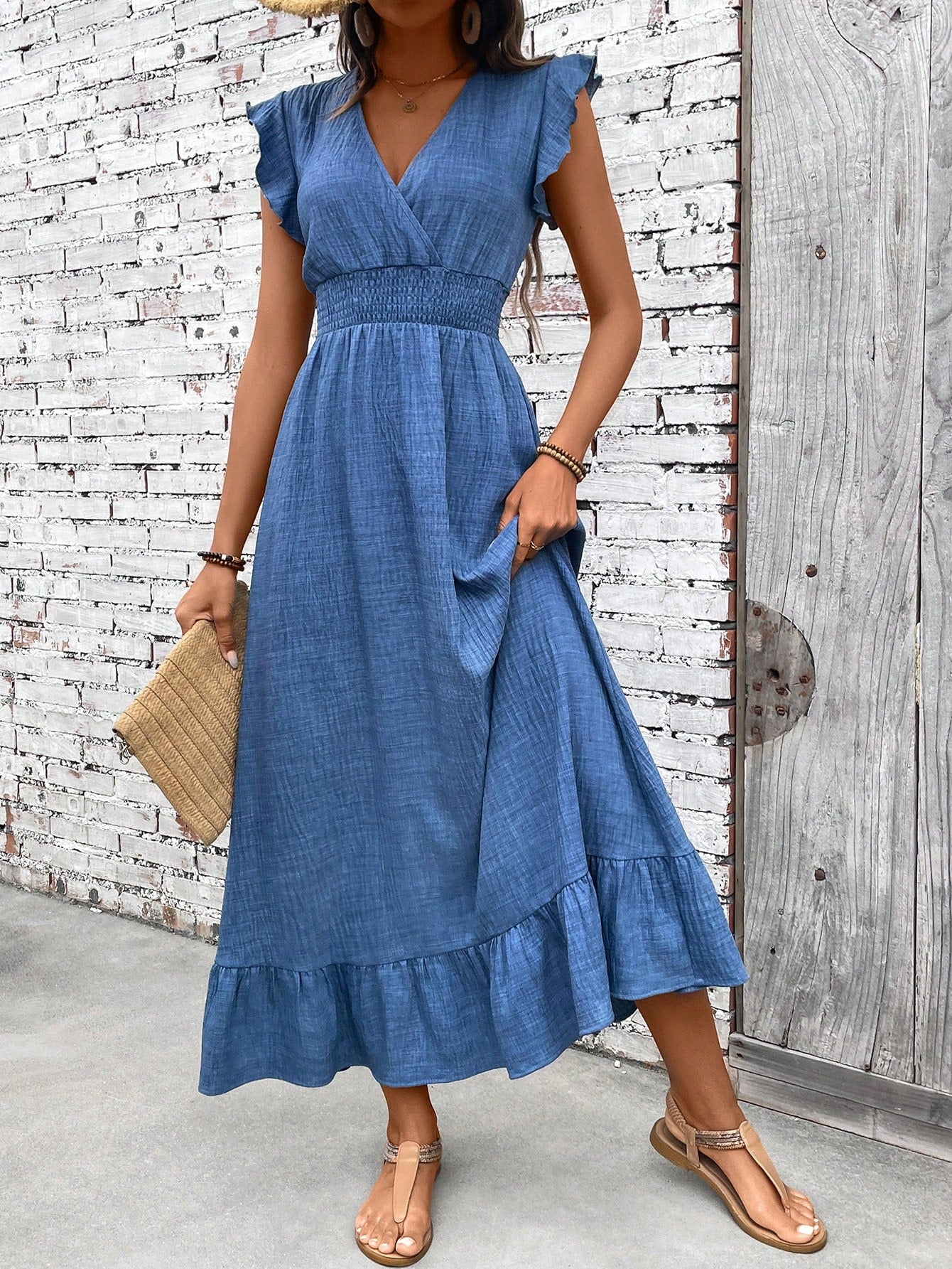 Women’s Azure Blue Maxi Dress – Elegant V-Neck Smocked Waist Ruffle Hem Dress