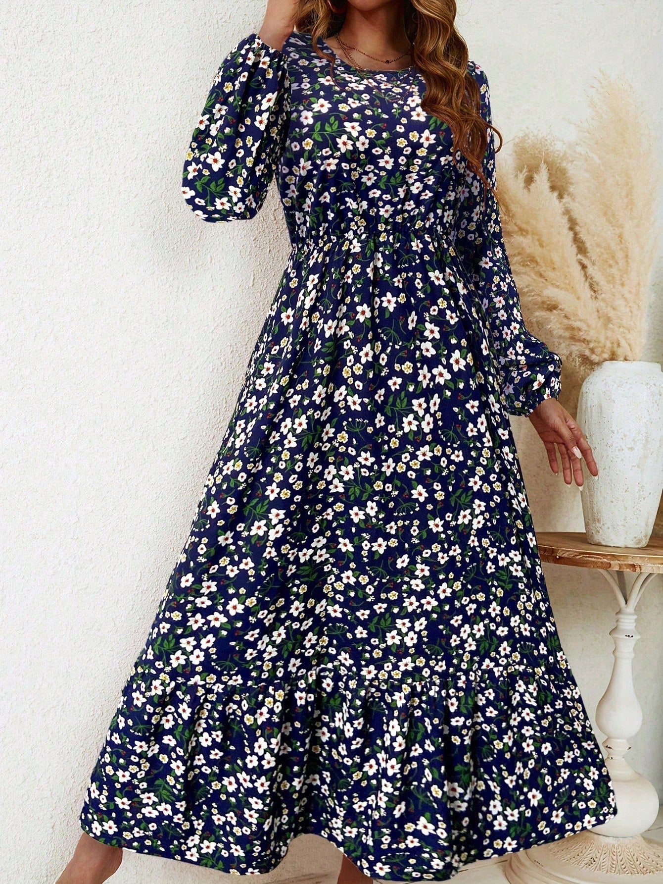 Women's Maxi Dress with Floral Print and Bishop Sleeves