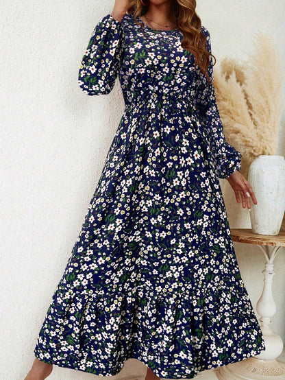 Enchanting Magnificently Smocked Midriff Floral Pattern Bishop Sleeves Maxi Dress