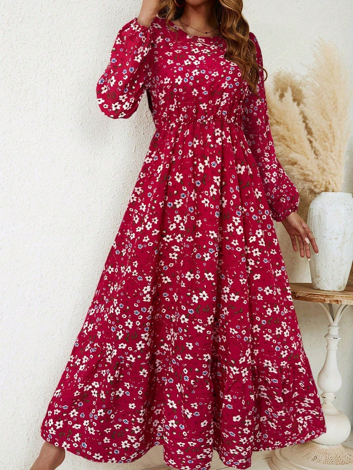 Women's Maxi Dress with Floral Print and Bishop Sleeves