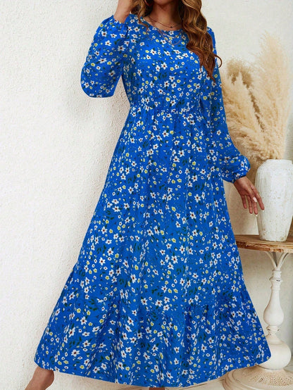 Women's Maxi Dress with Floral Print and Bishop Sleeves