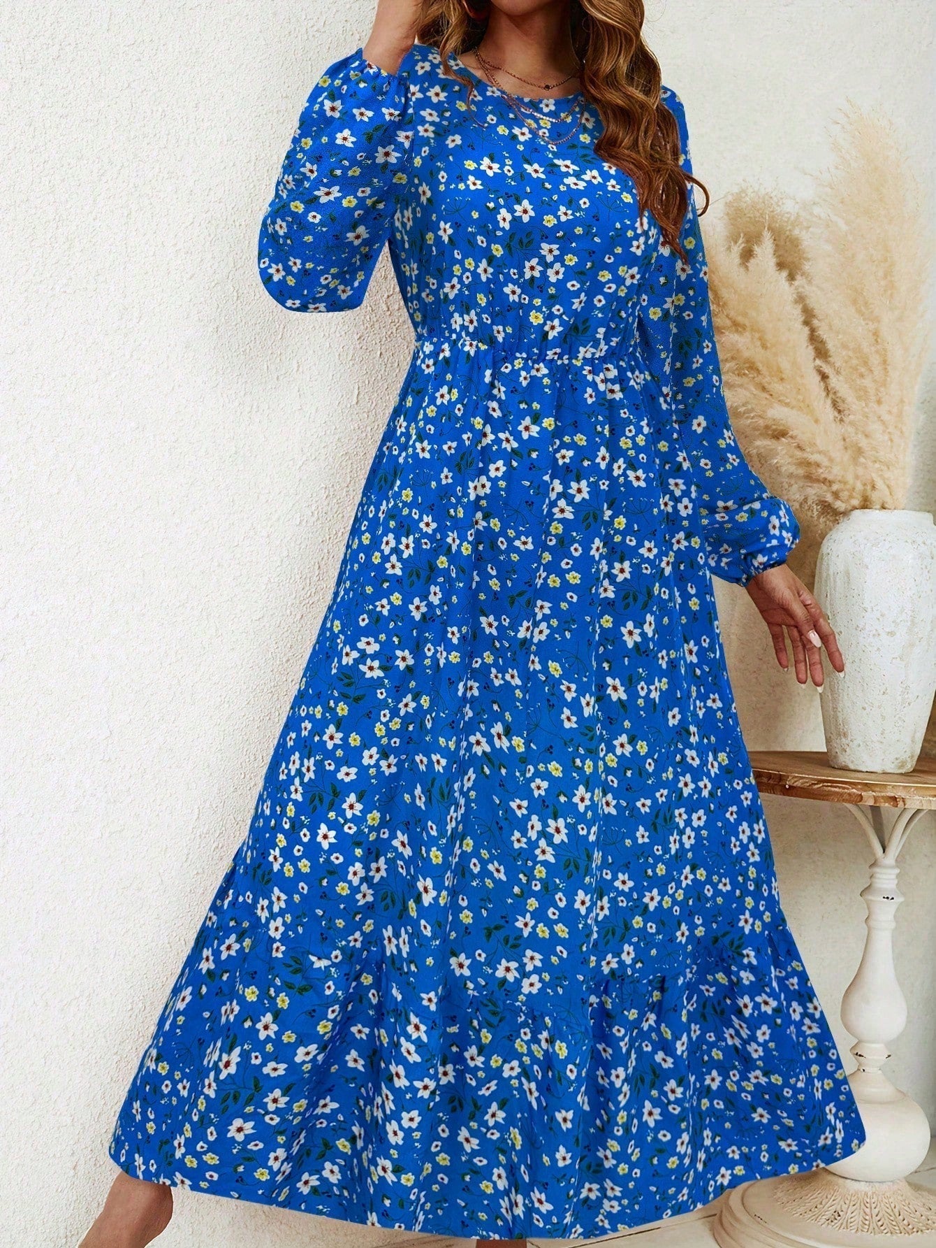 Enchanting Magnificently Smocked Midriff Floral Pattern Bishop Sleeves Maxi Dress