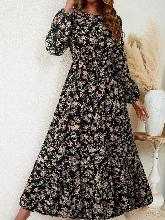 Enchanting Magnificently Smocked Midriff Floral Pattern Bishop Sleeves Maxi Dress