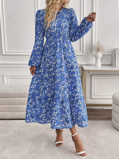 Women's Maxi Dress with Floral Print and Bishop Sleeves