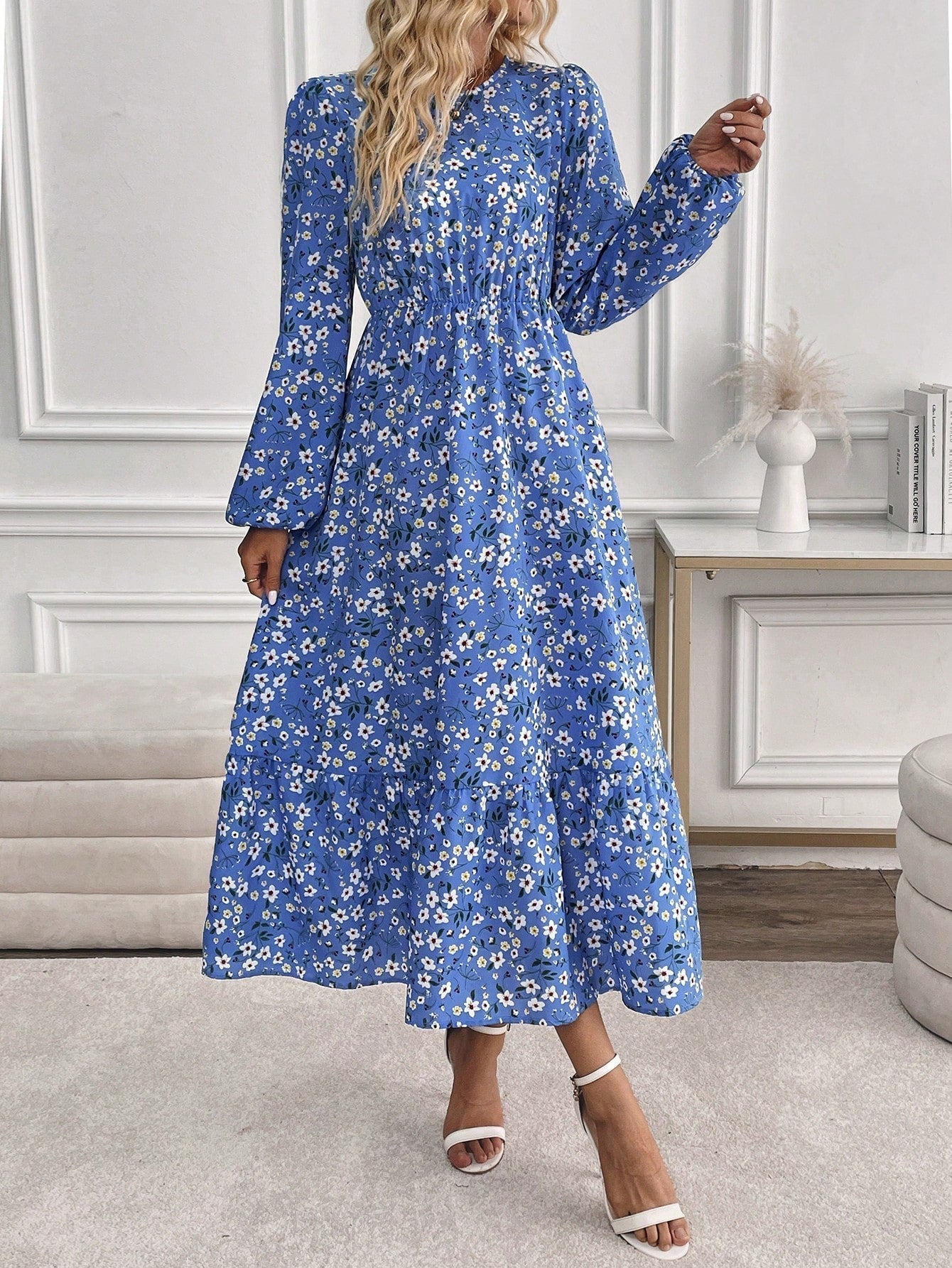 Enchanting Magnificently Smocked Midriff Floral Pattern Bishop Sleeves Maxi Dress