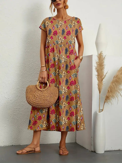 Women's Floral Dress with A-Line Silhouette and Short Sleeves