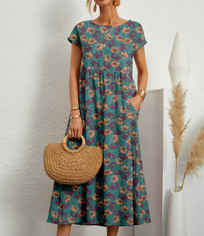 Women's Floral Dress with A-Line Silhouette and Short Sleeves