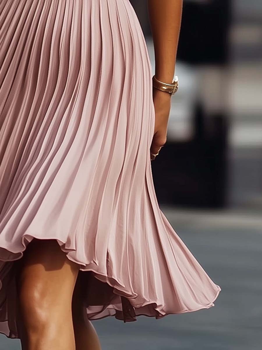 Stylish Retro Inspired Pleated Textured Lightweight Sleeveless Flowy Midi Dress