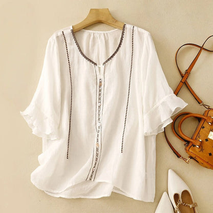 Women's Ruffle Sleeve Blouse with Pattern Design and Lightweight Fabric