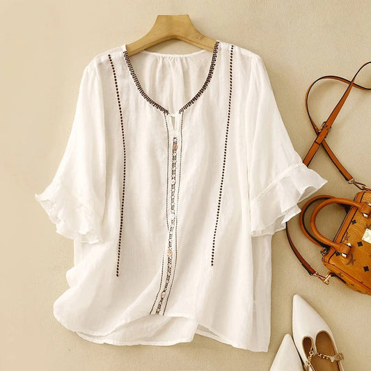 Women's Ruffle Sleeve Blouse with Pattern Design and Lightweight Fabric