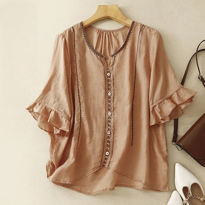 Women's Ruffle Sleeve Blouse with Pattern Design and Lightweight Fabric