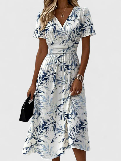 Women’s Navy Blue Floral Wrap Dress – Elegant V-Neck Flutter Sleeve Sophisticated Dress