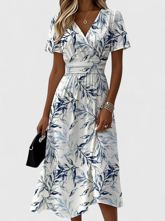 Women’s Navy Blue Floral Wrap Dress – Elegant V-Neck Flutter Sleeve Sophisticated Dress