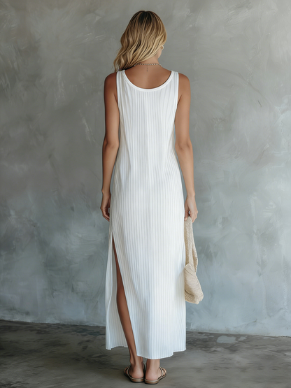 Women's Stylish V-Neck Sleeveless Striped Print Slit Chiffon Midi Dress for Everyday Wear