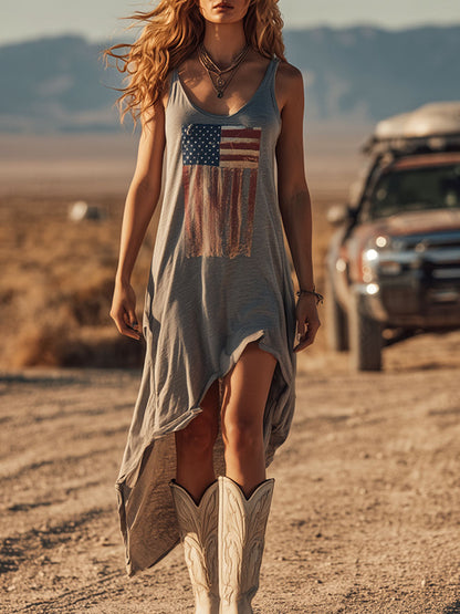 Women’s Cotton Midi Dress – American Flag Print Athleisure Sleeveless Breathable Dress