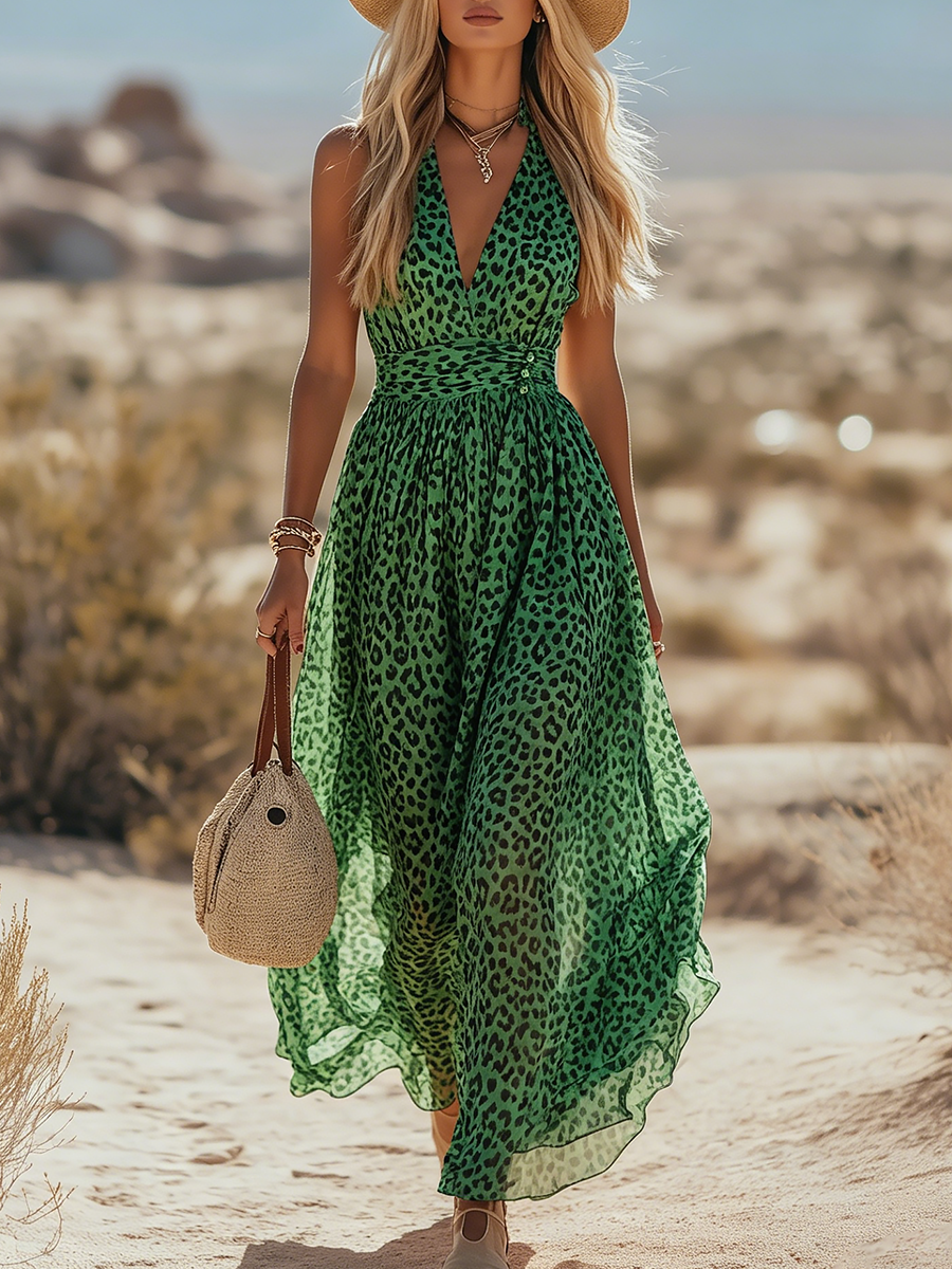 Women’s Leopard Print Chiffon Midi Dress – Bohemian Chic Sleeveless Halter Soft Dress