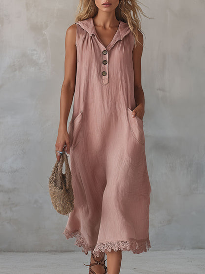 Women’s Cotton Linen Midi Dress – Retro Hooded Button Down Lace Trim with Pockets