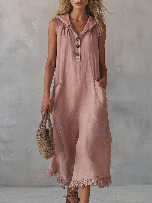 Women’s Cotton Linen Midi Dress – Retro Hooded Button Down Lace Trim with Pockets