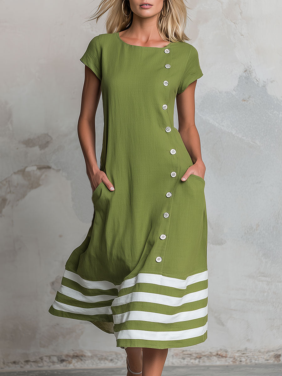 Women’s Cotton Linen Midi Dress – Retro Color Block Striped Casual Everyday Dress
