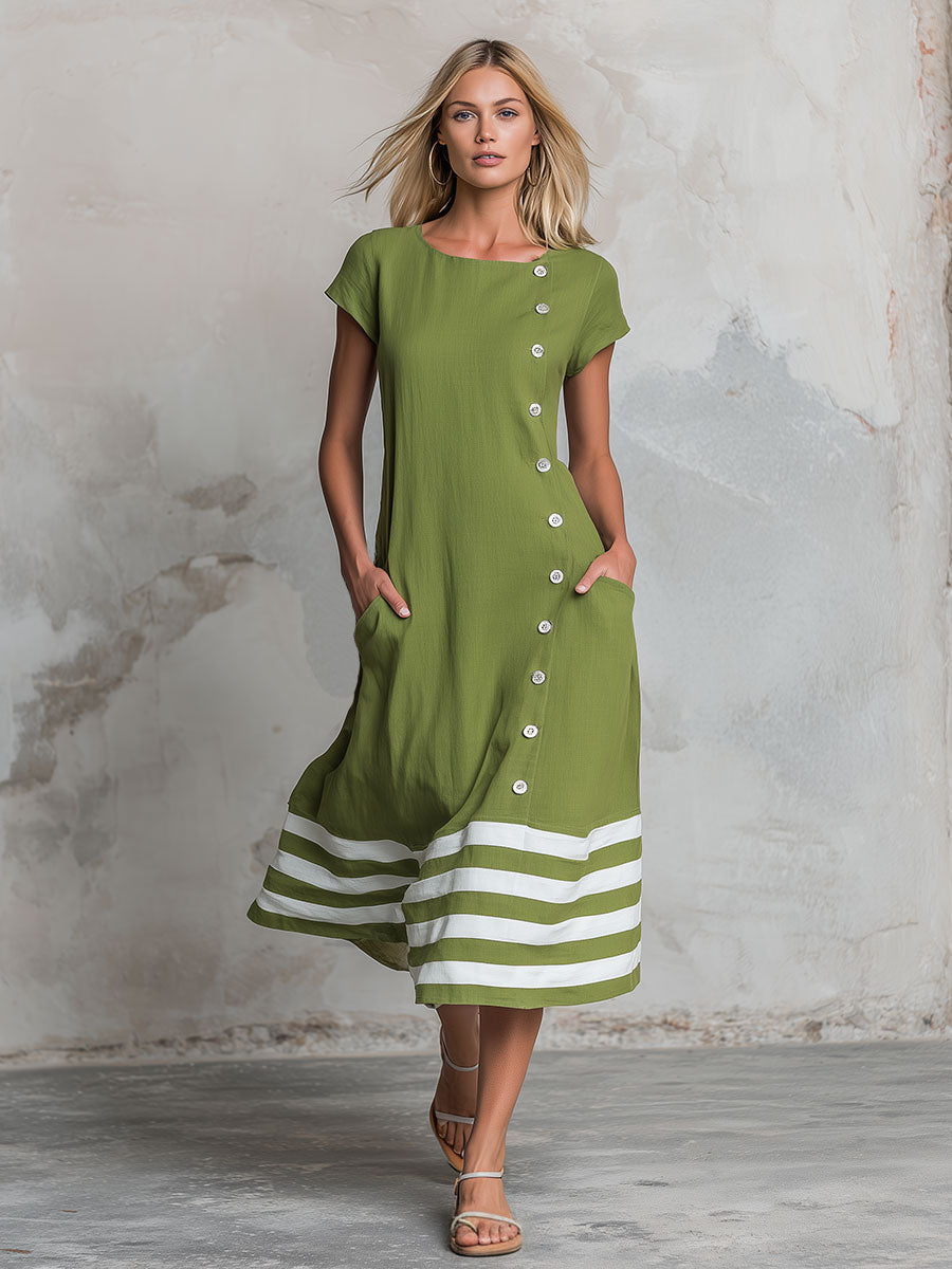 Women’s Cotton Linen Midi Dress – Retro Color Block Striped Casual Everyday Dress