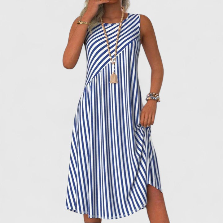 Women’s Nautical Striped Midi Dress – Deep Navy Blue White Sleeveless Round Neck Dress