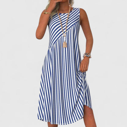 Women’s Nautical Striped Midi Dress – Deep Navy Blue White Sleeveless Round Neck Dress