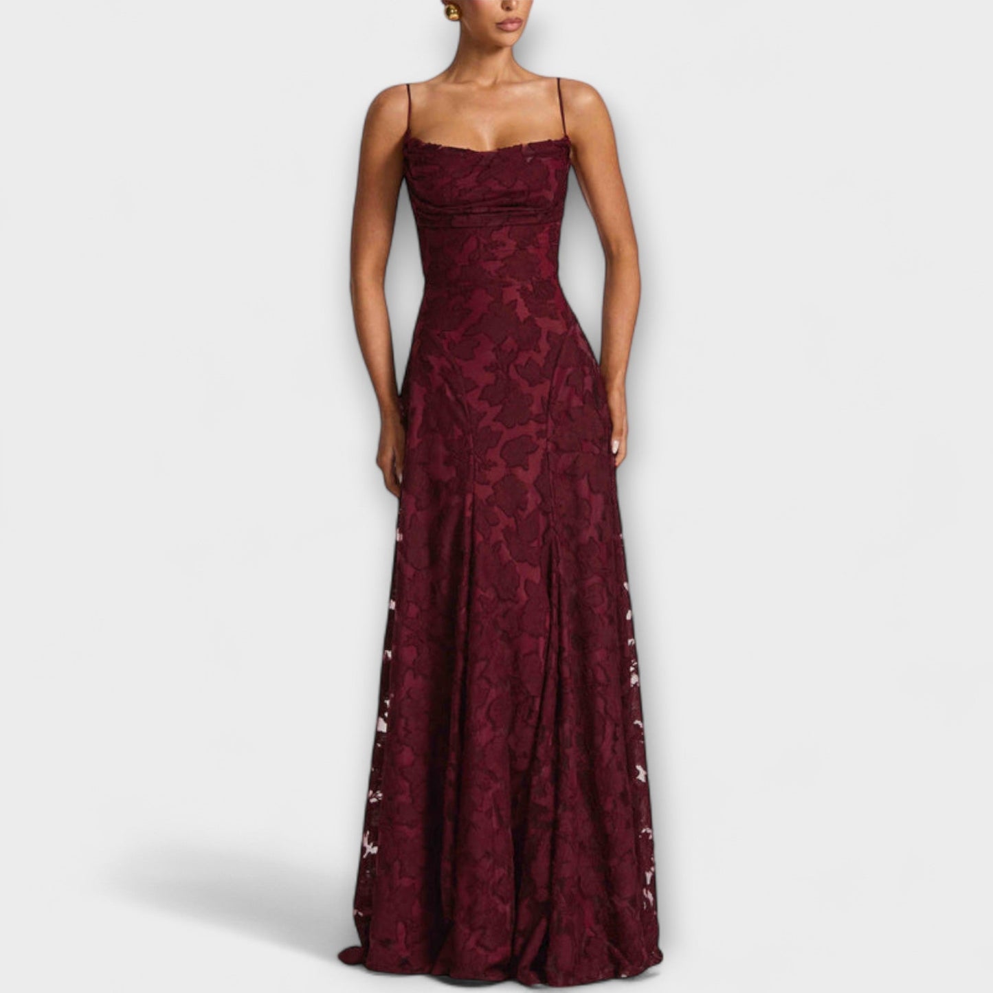 Luxurious Floral-Embroidered Lace-Trimmed Maxi With Delicate Spaghetti Straps Dress