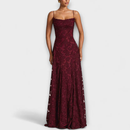 Luxurious Floral-Embroidered Lace-Trimmed Maxi With Delicate Spaghetti Straps Dress