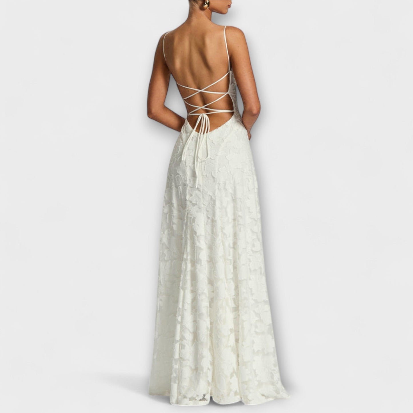 Luxurious Floral-Embroidered Lace-Trimmed Maxi With Delicate Spaghetti Straps Dress