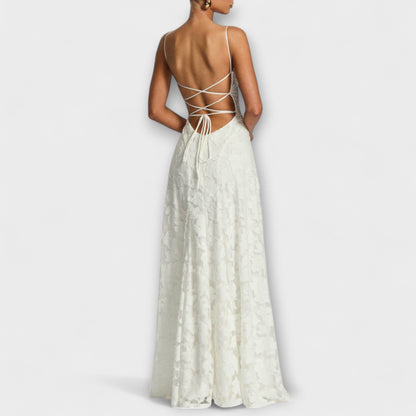 Luxurious Floral-Embroidered Lace-Trimmed Maxi With Delicate Spaghetti Straps Dress