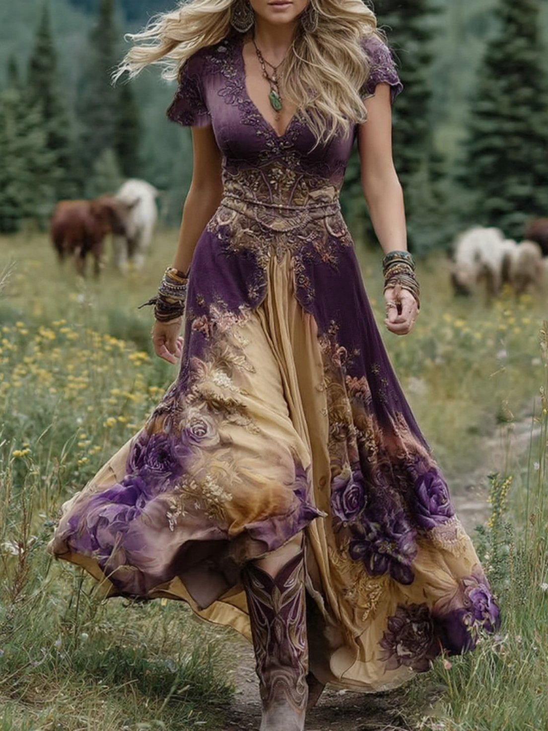 Romantic Gradient Floral Print Ethereal Silhouette Ultra Soft Weave Chiffon Maxi Dress