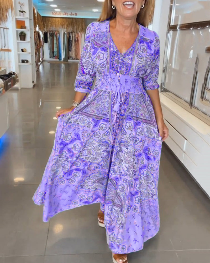 Women’s Boho Chic Paisley Maxi Dress – V-Neck Lightweight Cotton Blend Three-Quarter Sleeve Dress