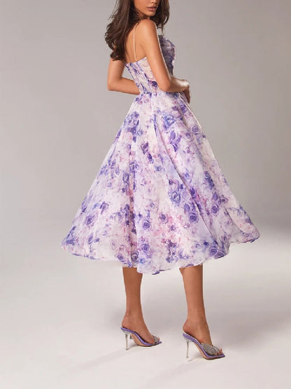 Women’s Floral Print Midi Dress – Romantic Powder Rose Blush Spaghetti Strap A-Line Dress