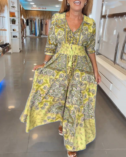 Women’s Boho Chic Paisley Maxi Dress – V-Neck Lightweight Cotton Blend Three-Quarter Sleeve Dress
