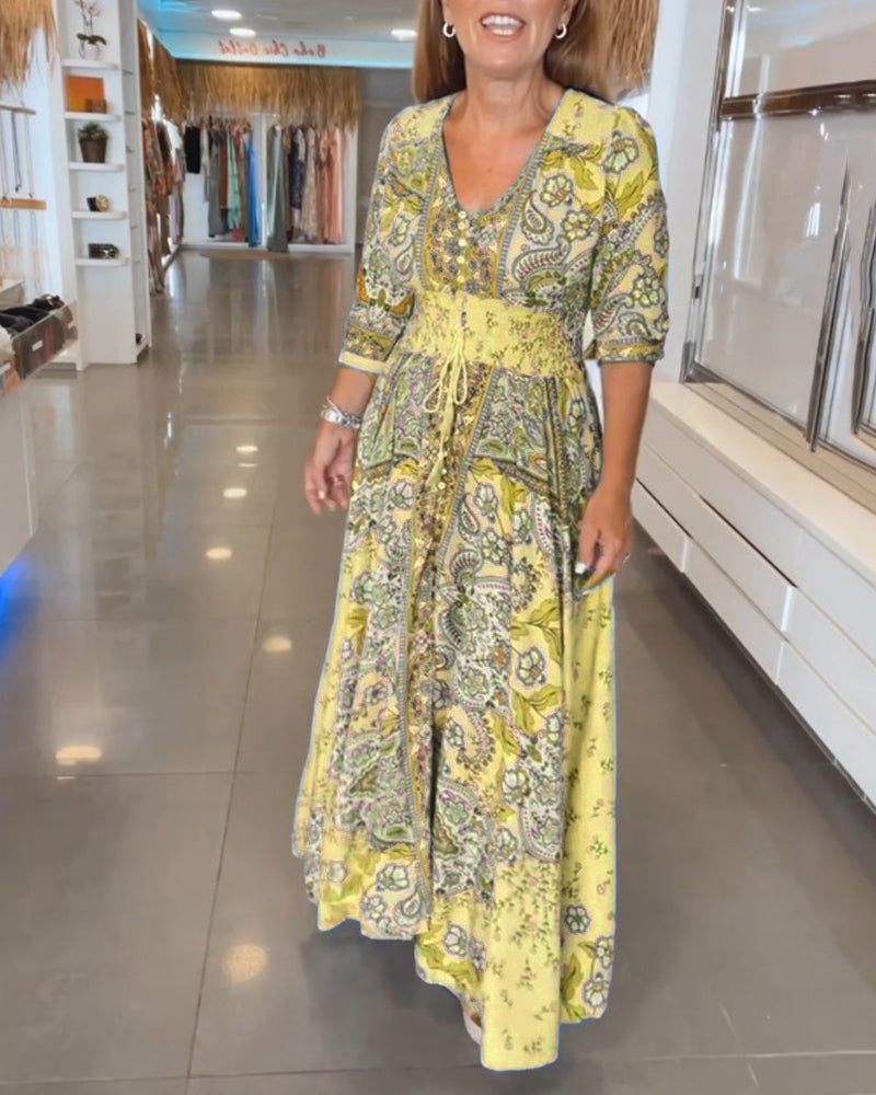Women’s Boho Chic Paisley Maxi Dress – V-Neck Lightweight Cotton Blend Three-Quarter Sleeve Dress