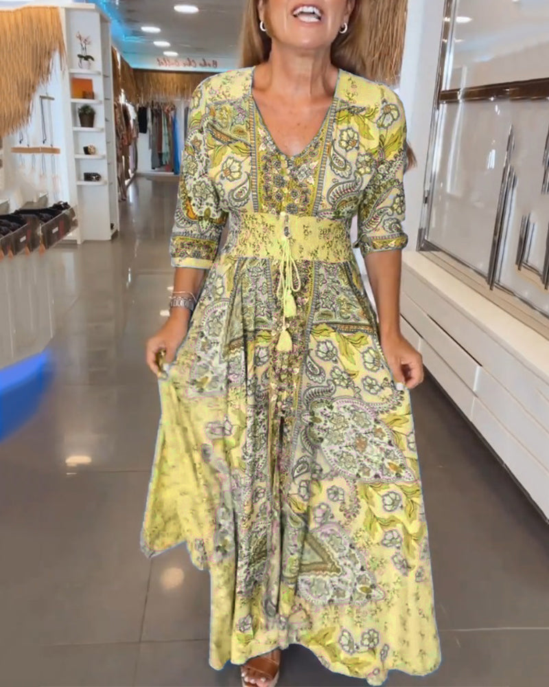 Women’s Boho Chic Paisley Maxi Dress – V-Neck Lightweight Cotton Blend Three-Quarter Sleeve Dress
