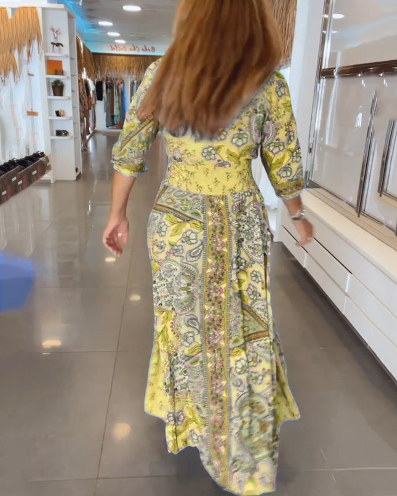 Women’s Boho Chic Paisley Maxi Dress – V-Neck Lightweight Cotton Blend Three-Quarter Sleeve Dress