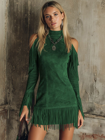 Semi-High Neck Off-the-Shoulder Fringed Faux Suede Long-Sleeved Mini Dress