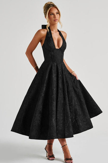 Enchanting Halter-Neck Jacquard Textured Pattern Cinched Waist Flared Maxi Dress